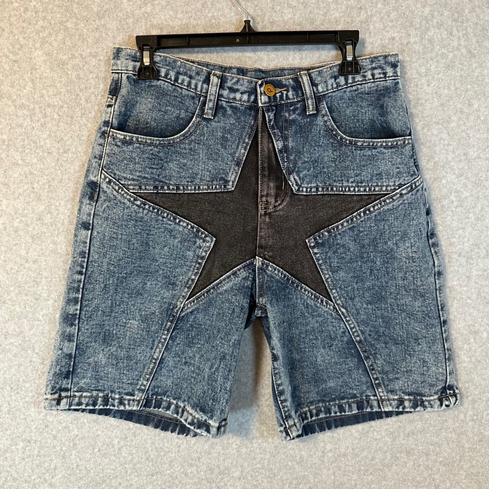 Aelfric Eden Denim Shorts Mens 32 Blue Acid Wash Star Patchwork Streetwear